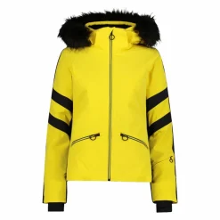 Damen-Skijacke aus Twill mit abnehmbarer Kapuze und Kunstfellbesatz