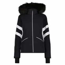 Damen-Skijacke aus Twill mit abnehmbarer Kapuze und Kunstfellbesatz