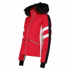 Damen-Skijacke aus Twill mit abnehmbarer Kapuze und Kunstfellbesatz