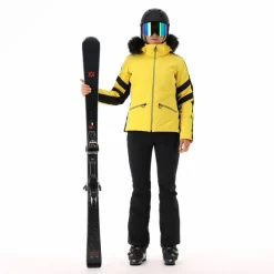 Damen-Skijacke aus Twill mit abnehmbarer Kapuze und Kunstfellbesatz