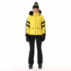 Damen-Skijacke aus Twill mit abnehmbarer Kapuze und Kunstfellbesatz