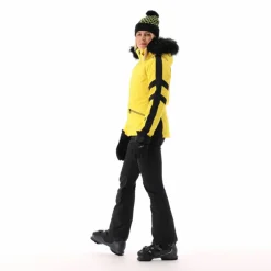 Damen-Skijacke aus Twill mit abnehmbarer Kapuze und Kunstfellbesatz