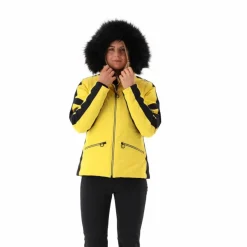 Damen-Skijacke aus Twill mit abnehmbarer Kapuze und Kunstfellbesatz