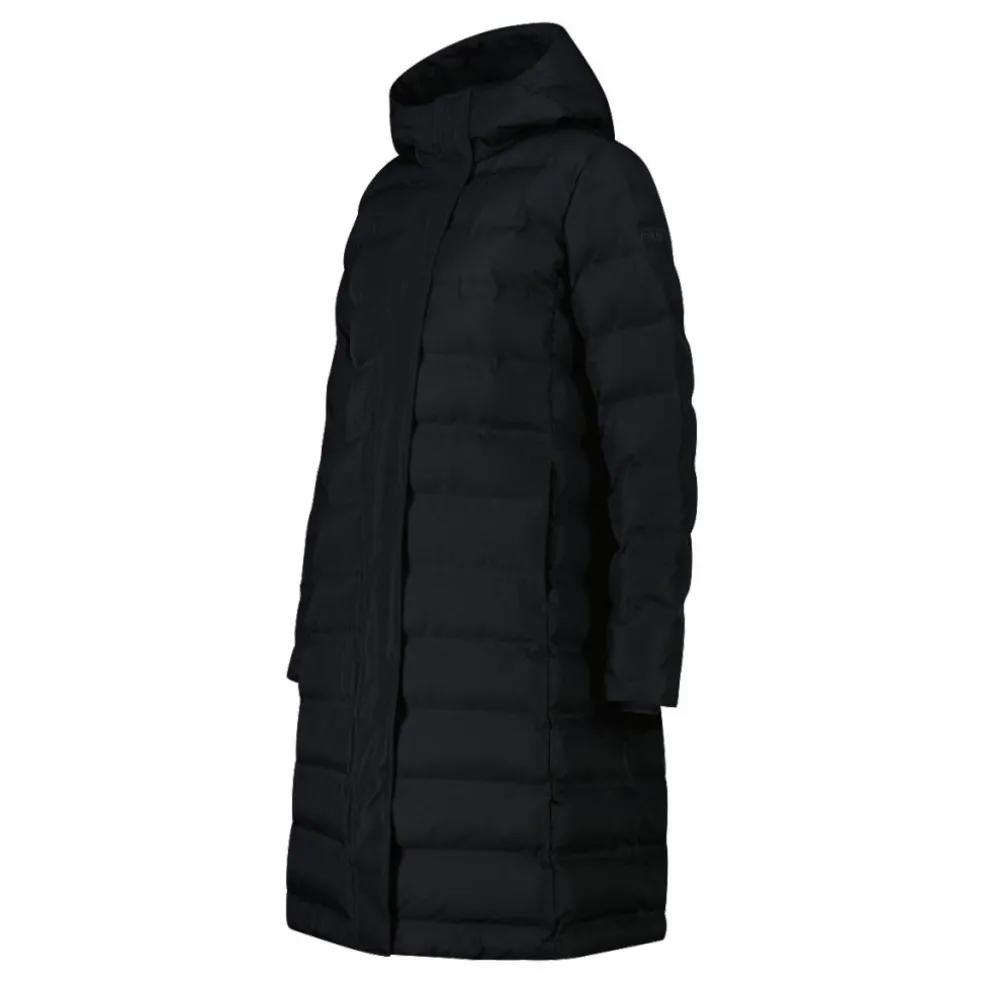 Lange gepolsterte Daunenjacke für Damen mit Kapuze