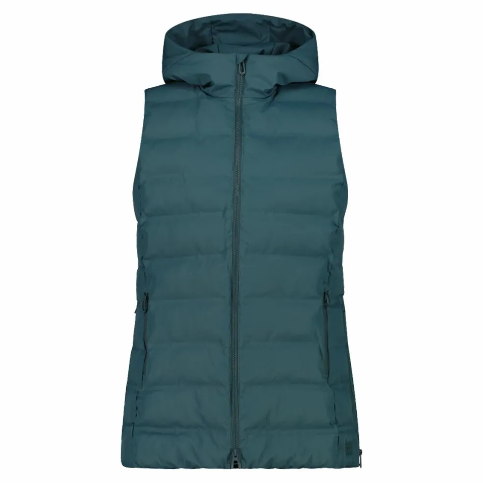 Lange, gepolsterte Weste für Damen mit Kapuze