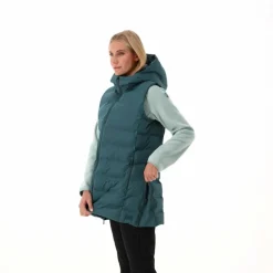 Lange, gepolsterte Weste für Damen mit Kapuze