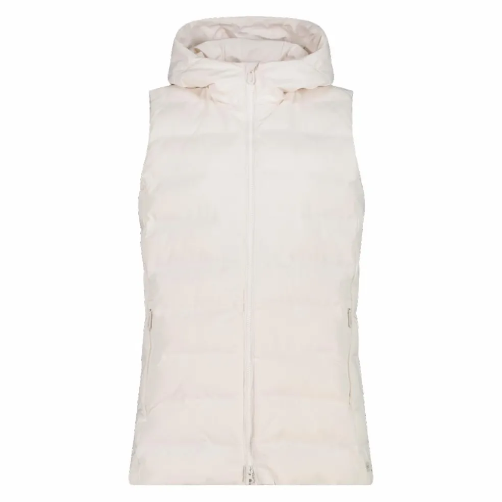 Lange, gepolsterte Weste für Damen mit Kapuze