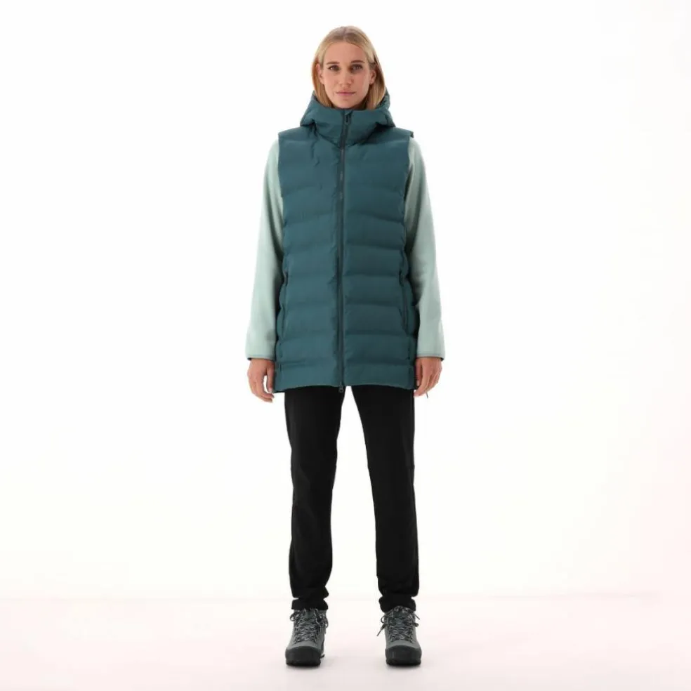 Lange, gepolsterte Weste für Damen mit Kapuze