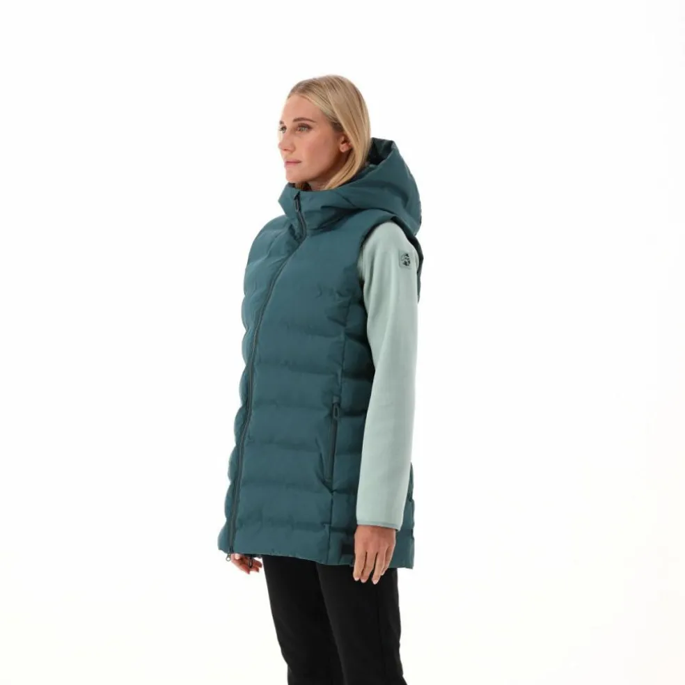 Lange, gepolsterte Weste für Damen mit Kapuze