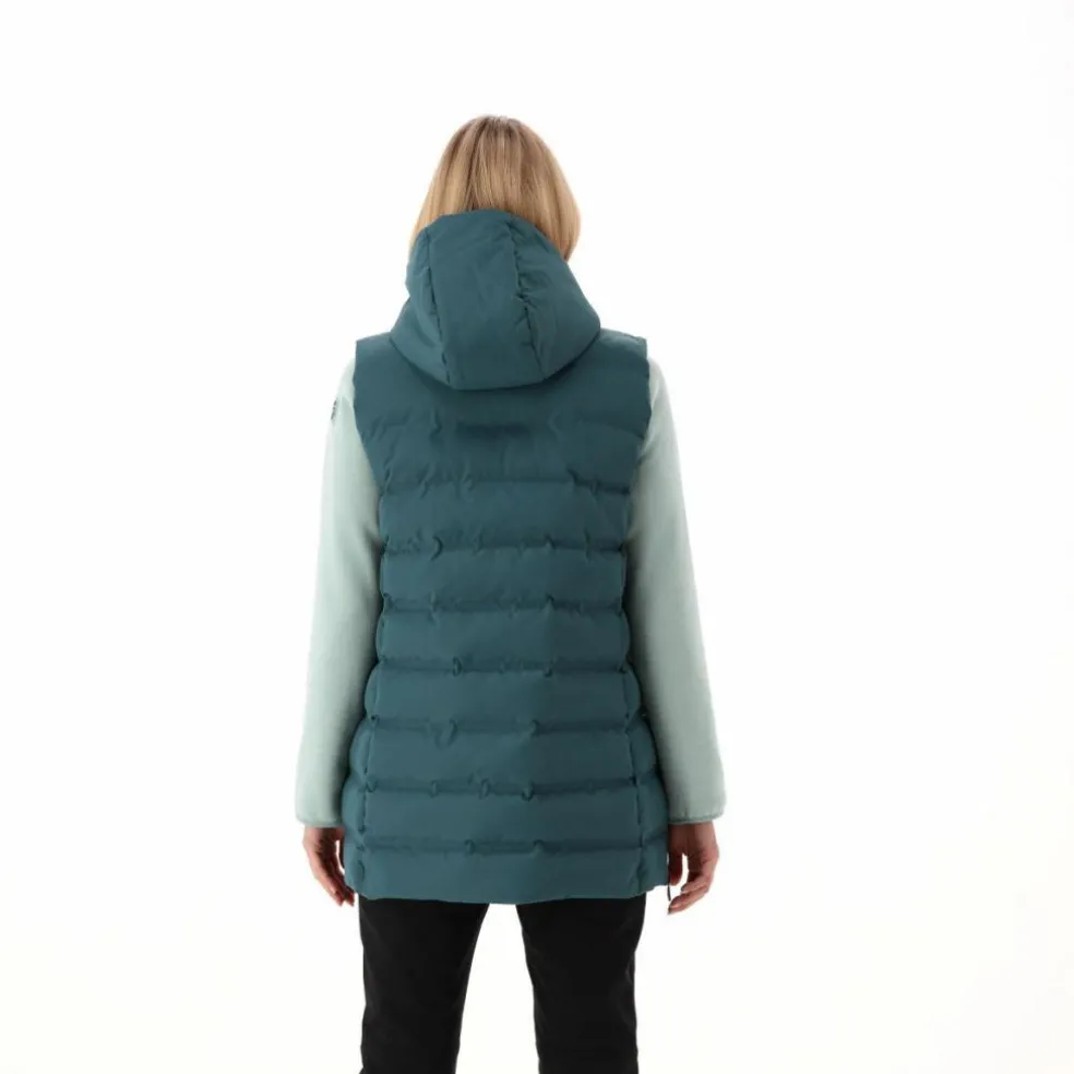 Lange, gepolsterte Weste für Damen mit Kapuze